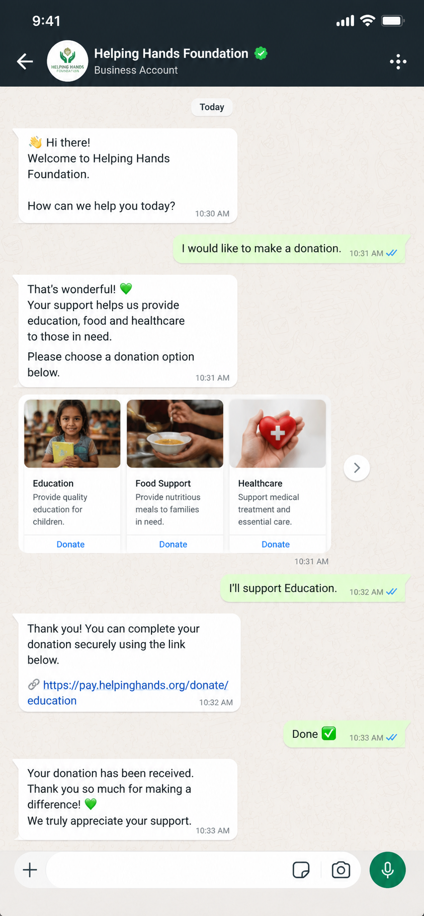 AI-powered WhatsApp donation flow with carousel cards and payment link