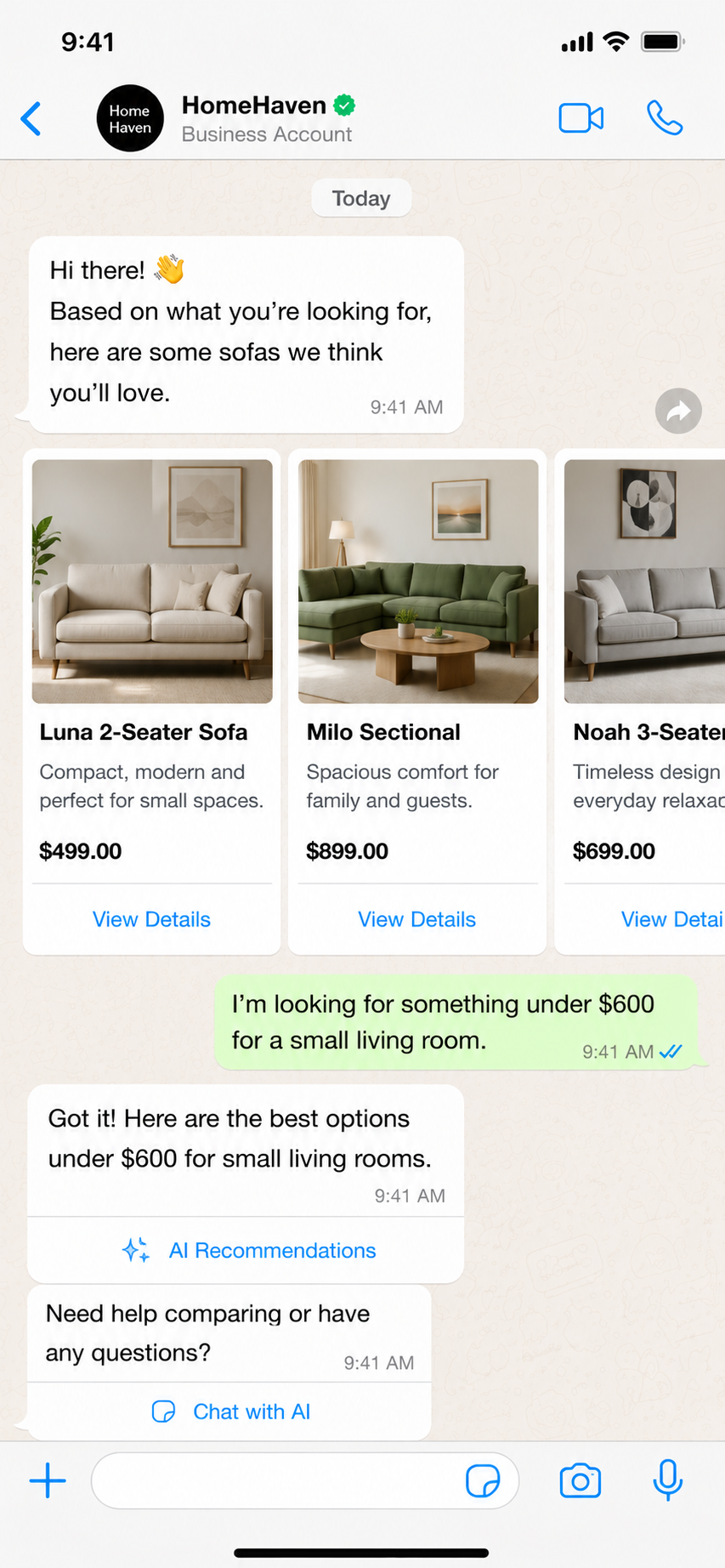 AI-powered WhatsApp recommendation carousel