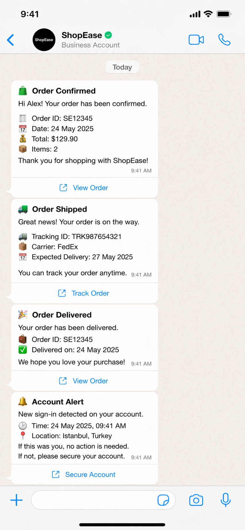 WhatsApp template notifications triggered from business events